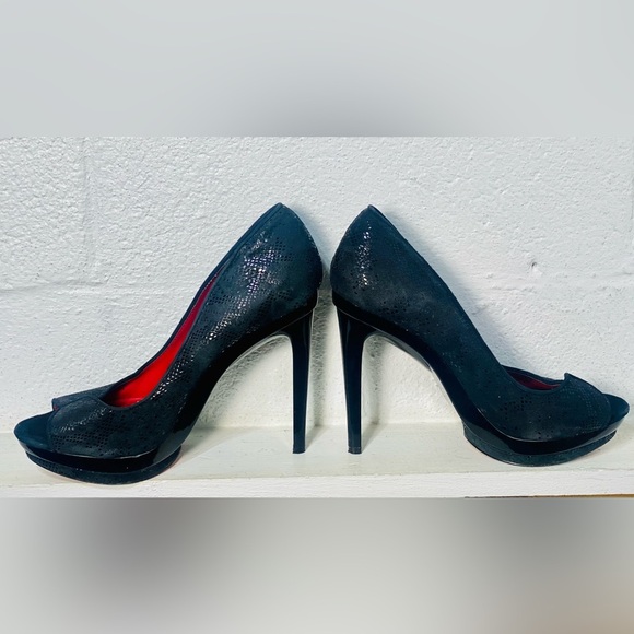 Charles Jourdan Black Leather Suede Open Toe Heels Size 8.5 - Picture 7 of 12